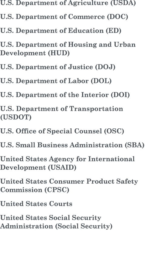 U S  Department of Agriculture (USDA) U S  Department of Commerce (DOC) U S  Department of Education (ED) U S  Depart   