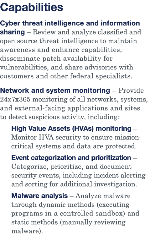 Capabilities Cyber threat intelligence and information sharing   Review and analyze classified and open source threat   