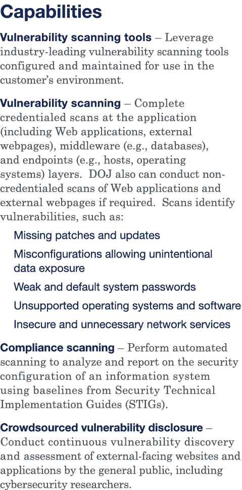 Capabilities Vulnerability scanning tools   Leverage industry-leading vulnerability scanning tools configured and mai   