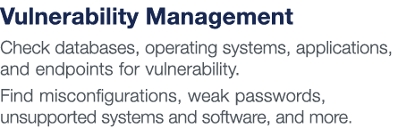 Vulnerability Management Check databases, operating systems, applications, and endpoints for vulnerability  Find misc   