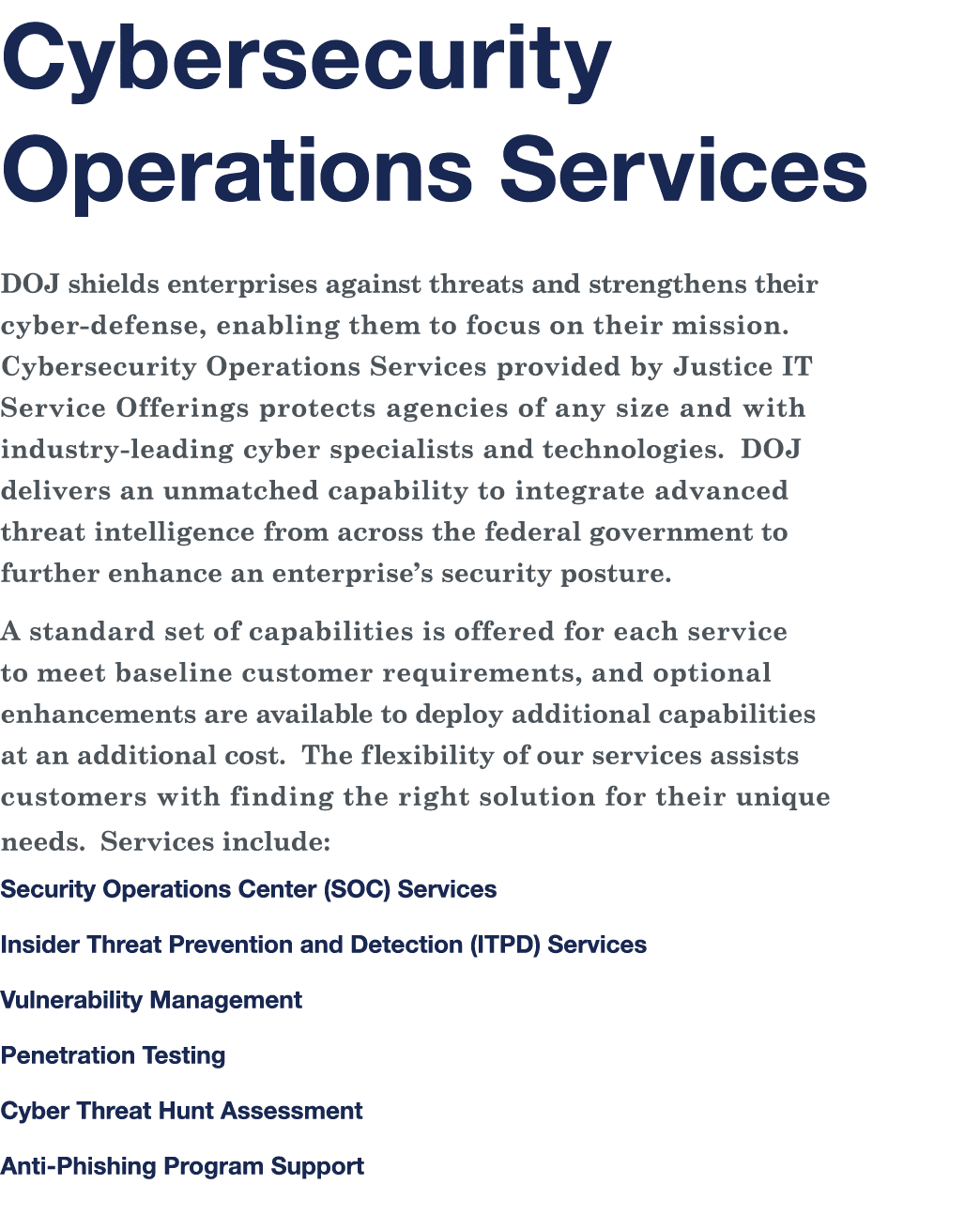 Cybersecurity Operations Services DOJ shields enterprises against threats and strengthens their cyber-defense, enabli   