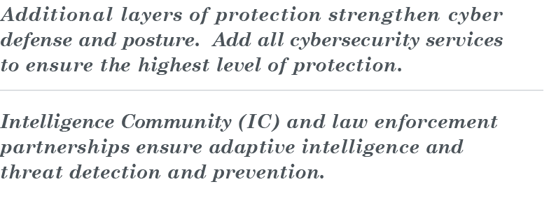 Additional layers of protection strengthen cyber defense and posture  Add all cybersecurity services to ensure the hi   