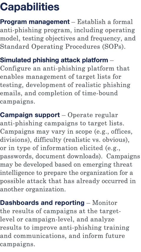 Capabilities Program management   Establish a formal anti-phishing program, including operating model, testing object   