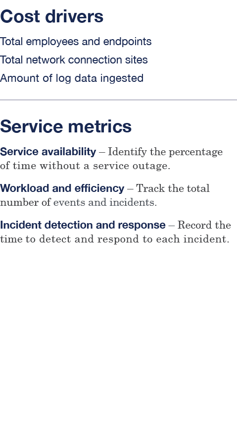 Cost drivers Total employees and endpoints Total network connection sites Amount of log data ingested Service metrics   